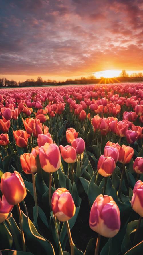 A beautiful sunset setting seen through a prism of tulips.