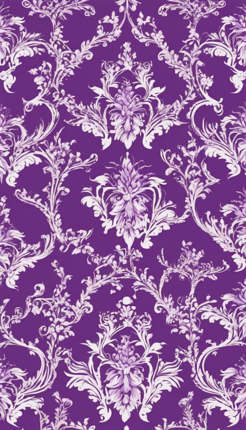 Płynny wzór fioletowo-białego adamaszku, wypełniony misternymi detalami i luksusowymi krzywiznami.