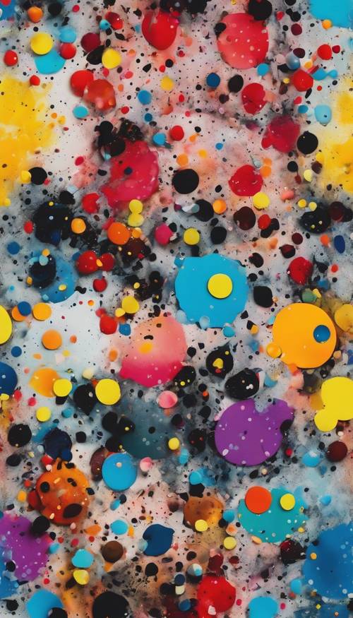 Un caotico dipinto astratto con tocchi di pois colorati.