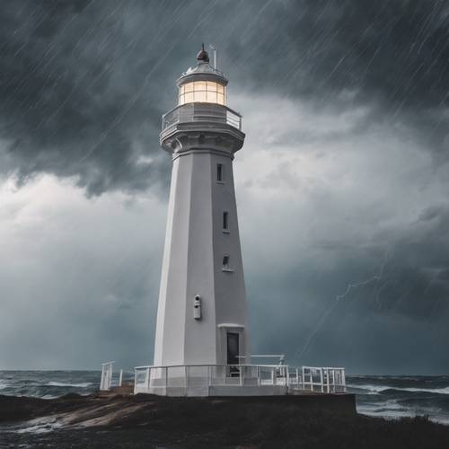 A stark white lighthouse standing firm in the midst of a severe thunderstorm. کاغذ دیواری [aa0c236083444a24b635]