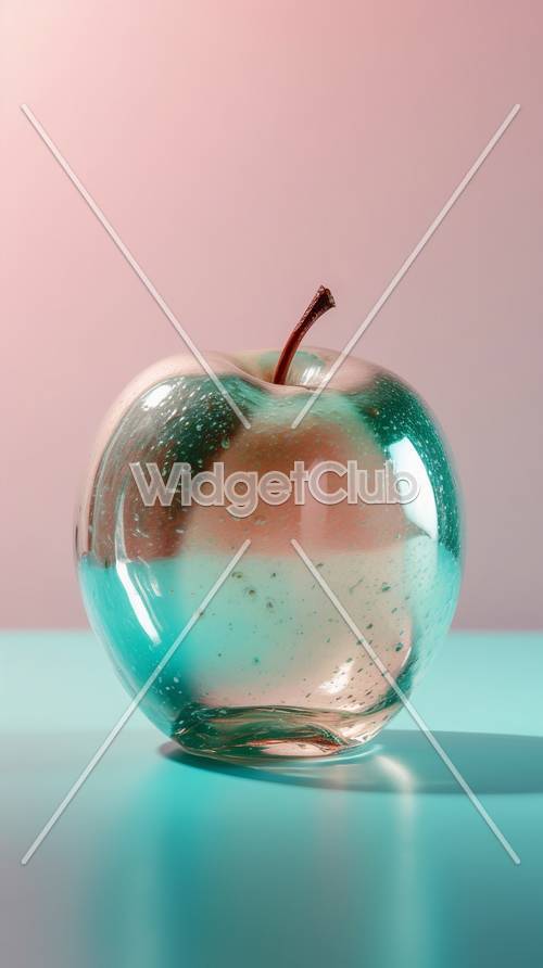 Błyszczące szklane jabłko na różowym i niebieskim tle