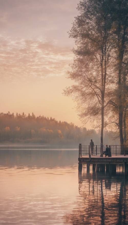 Pemandangan tepi danau yang tenteram dalam nuansa kotak-kotak pastel saat matahari terbit.