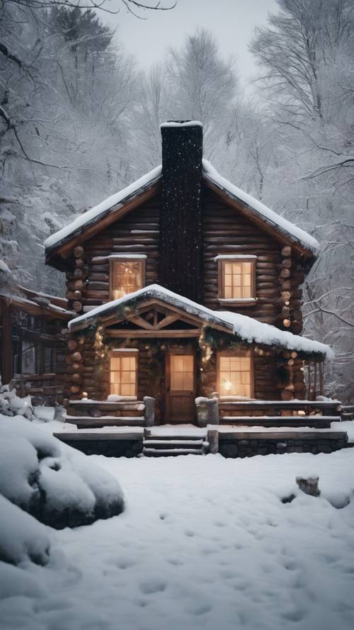 A beautiful snowy winter scene with a cozy log cabin and smoke coming out of the chimney.
