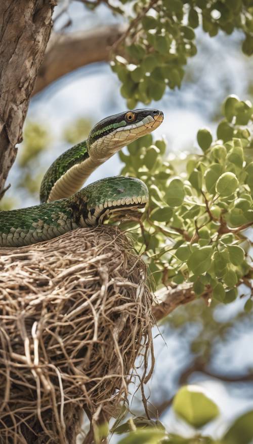 Una serpiente boomslang acechando un nido de pájaro en un árbol de acacia.