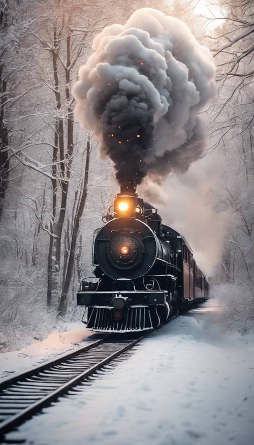 An old steam train with carriages glowing warmly, huffing through a snowy forest on Christmas Eve.