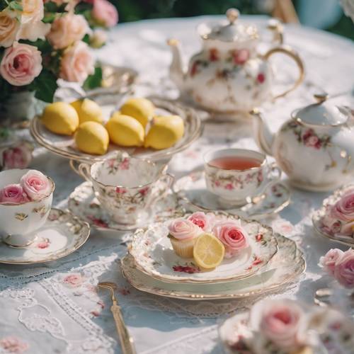 Uno squisito allestimento per un tea party estivo con tovaglia ricamata, delicati set di tazze da tè, fette di torta al limone e rose raccolte dal giardino. Sfondo [567c86f3e30c4f3f90e2]