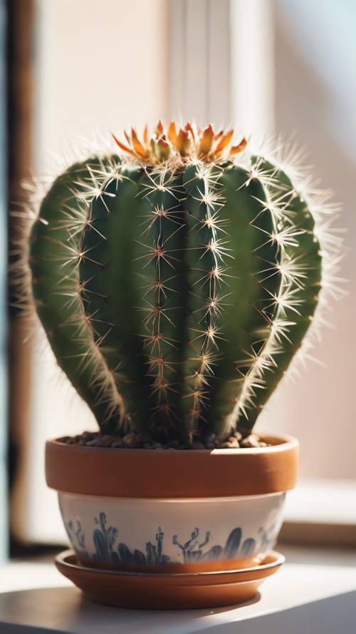 A small cute cactus in a ceramic pot on a windowsill during a sunny day.
