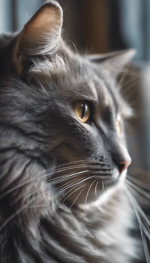 A textured grey cat in a comfortable curl, sunlight highlighting her fur.
