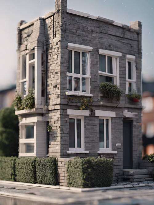 Una pintoresca casa adosada hecha de ladrillos grises, ubicada en una ciudad bulliciosa.