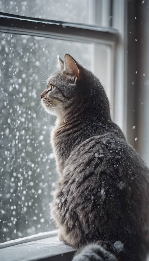 A grey striped cat watching snowfall from a window ledge.