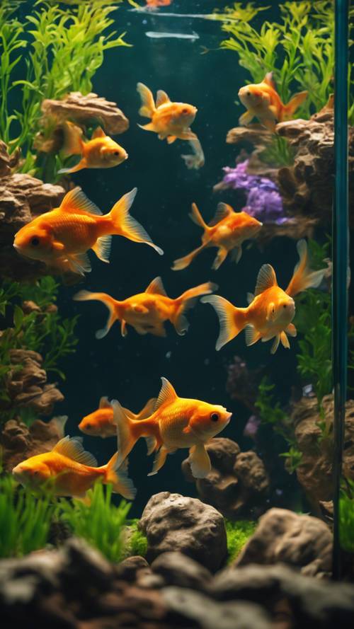 حوض سمك فردوسي مليء بالأسماك الذهبية الملونة والنباتات المائية.