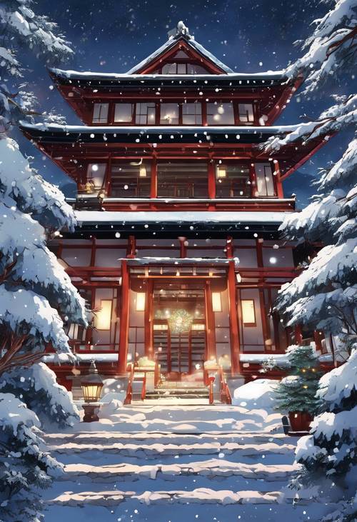 Evocative anime picture of a snowy Christmas night at a tranquil Japanese temple.