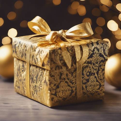 Kado Natal dibungkus kertas damask emas berkilau.