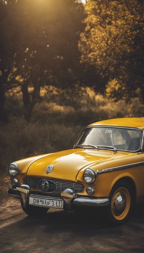 An antique dark yellow car parked on a country road.