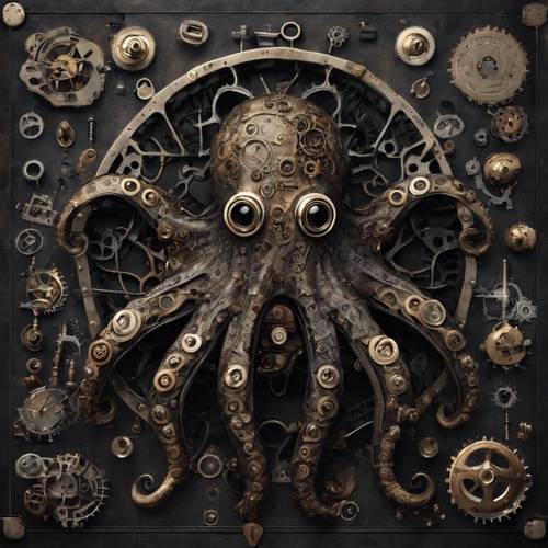 A steampunk styled black octopus with many mechanical components.