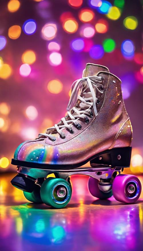 Pattini a rotelle retrò dipinti con colori arcobaleno luminosi su un pavimento illuminato da luci da discoteca