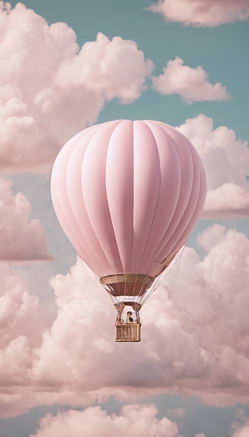 Un caprichoso globo aerostático de color rosa pastel flotando en medio de esponjosas nubes blancas. Fondo de pantalla [ce50d4a156b040fa914a]