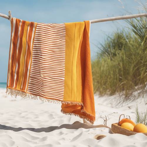 A yellow and orange striped beach towel on the white sandy beach.