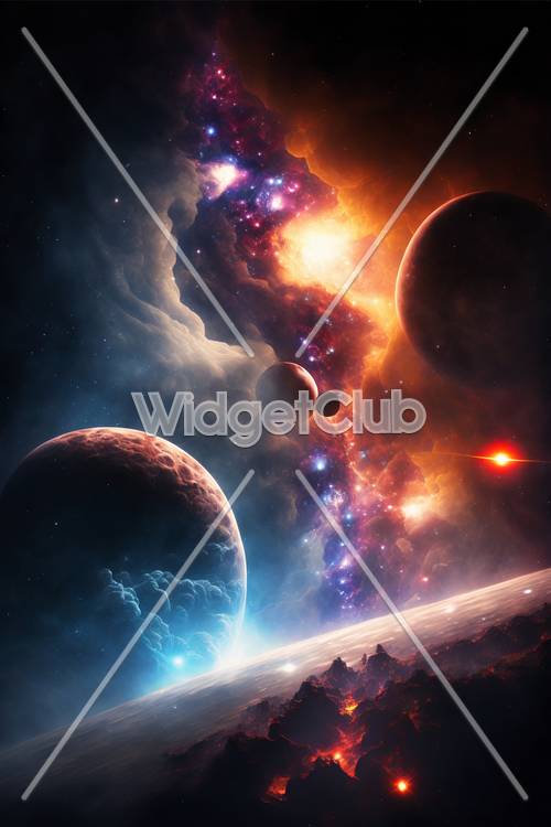 Scena spaziale colorata con pianeti e stelle