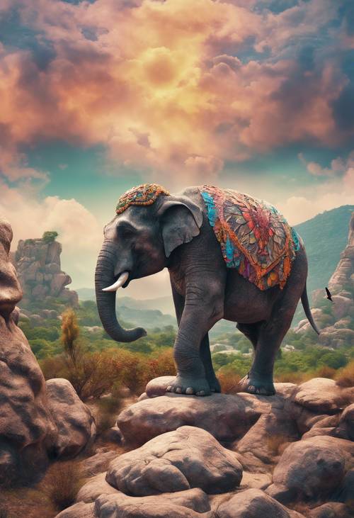 A surreal landscape where stone elephants walk the precarious path of a rocky ridge, under a psychedelic sky.