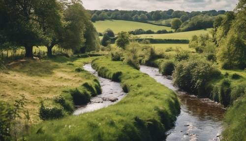 Ein bezaubernder kleiner Bach schlängelt sich durch eine friedliche englische Landschaft. Hintergrund [696bdacdc53147fa9d6e]