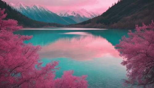 Uma montanha rosa adjacente a um sereno lago azul-turquesa refletindo sua glória.
