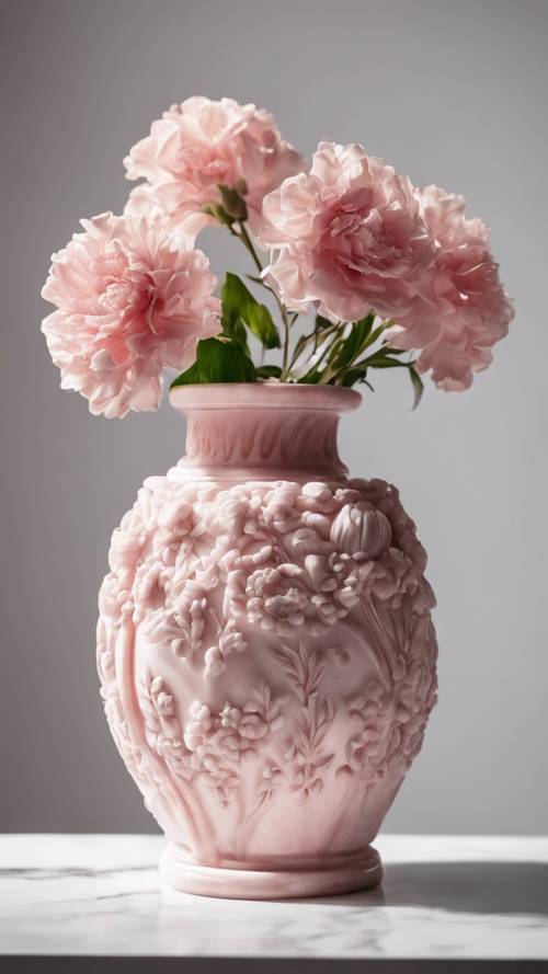 Vas bunga marmer merah muda berukir elegan dengan latar belakang putih.