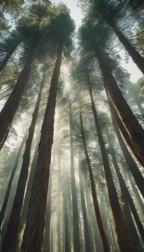 雾气弥漫的森林场景，高耸的灰绿色松树与斑驳的阳光效果