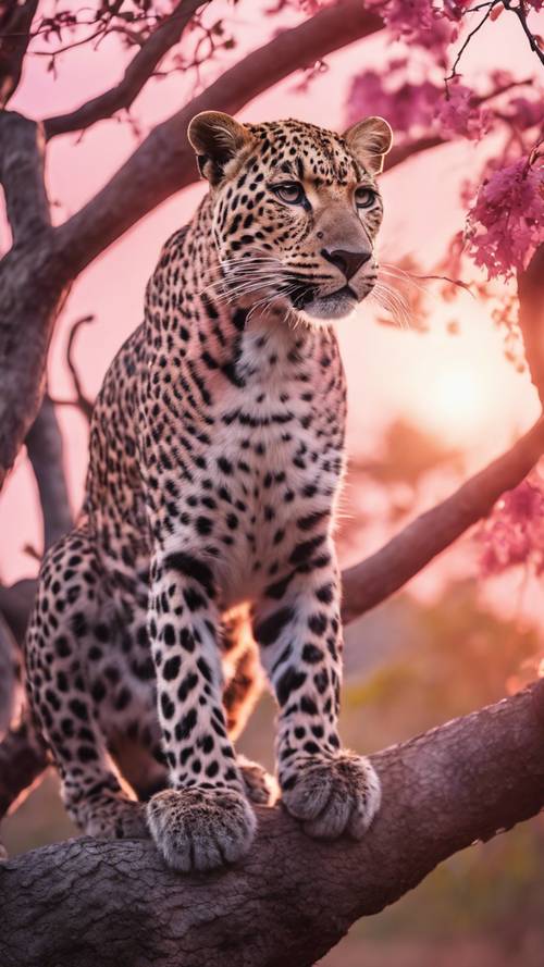 一隻優雅的粉紅豹在令人驚嘆的黃昏背景下爬上樹。