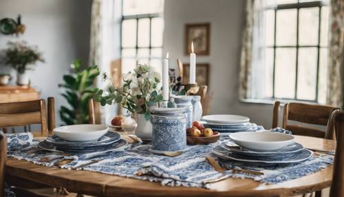 Masif meşe masa, vintage desenli masa örtüsü ve seramik yemek takımı içeren zarif, şık, boho yemek odası düzeni.