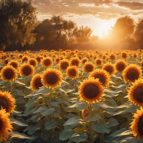 A mosaic sunflower garden at sunrise, capturing the fiery oranges and yellows.