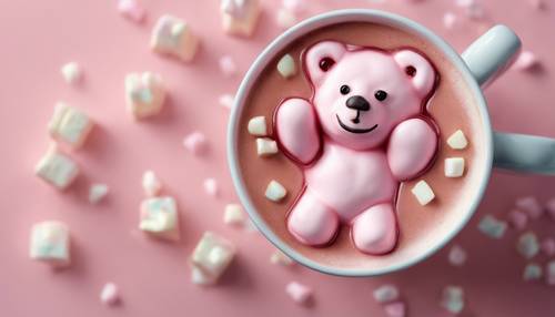Overhead view of a bear-shaped marshmallow melting gently in a pastel pink hot chocolate.
