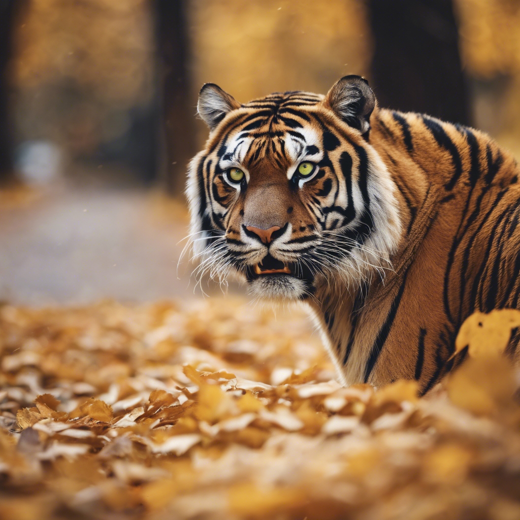 An intimidating, green-eyed tiger with golden fur, perfectly camouflaged in some golden autumn leaves. Fondo de pantalla[ec959ac20fbd434bbcae]