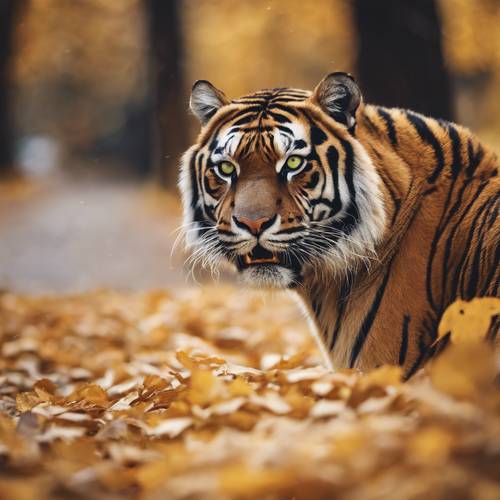 Устрашающий зеленоглазый тигр с золотистой шерстью, прекрасно замаскированный под золотистыми осенними листьями.