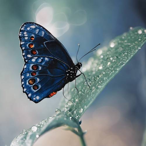 Seekor kupu-kupu biru tua bertengger di atas daun yang diberi embun.