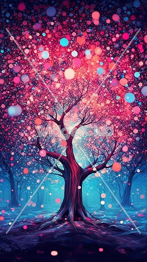 ピンクの花と魔法のライトが魅了する木の壁紙
