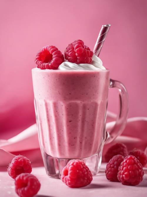 Uma xícara de smoothie de framboesa rosa claro coberto com chantilly e framboesas frescas.