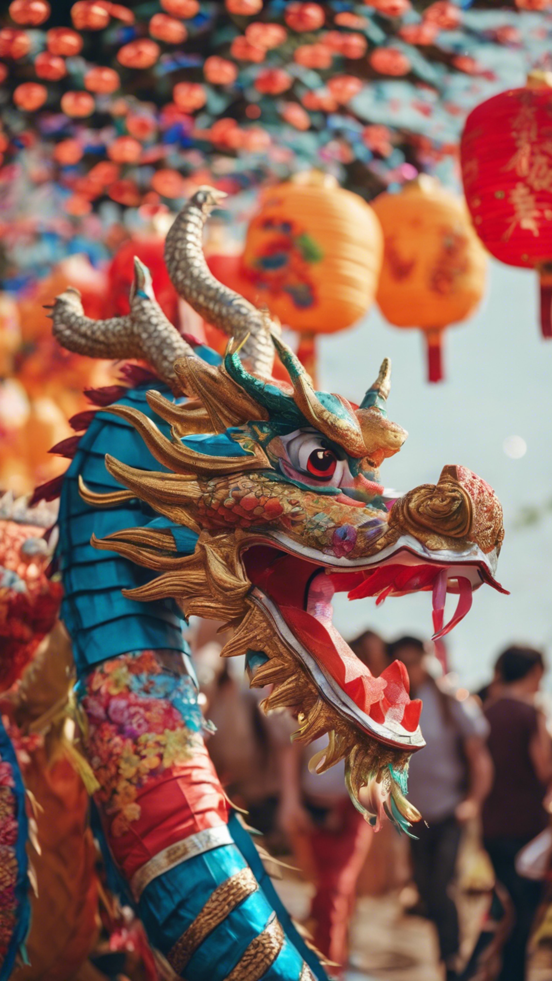 An oriental-style dragon parading amidst a colorful festival with paper lanterns. Wallpaper[5877da5b29174274b3e8]