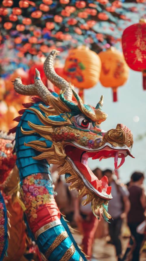 Un dragón de estilo oriental desfilando en medio de un colorido festival con faroles de papel.