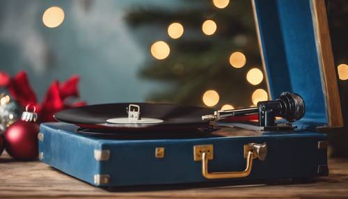 Un disco in vinile blu retrò che riproduce canti natalizi su un vecchio grammofono