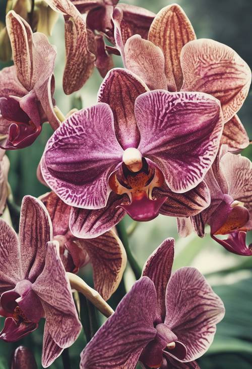 Eine botanische Vintage-Illustration einer Orchideengruppe mit detaillierten Strukturen und mehreren Farbtönen.
