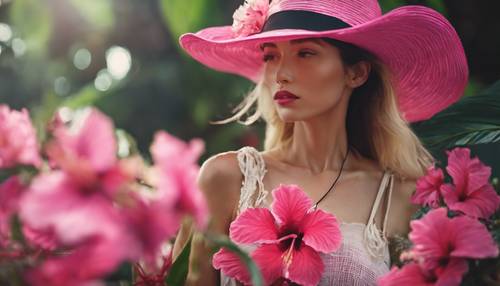 Un sombrero de verano para mujer adornado con hibiscos tropicales de color rosa intenso.