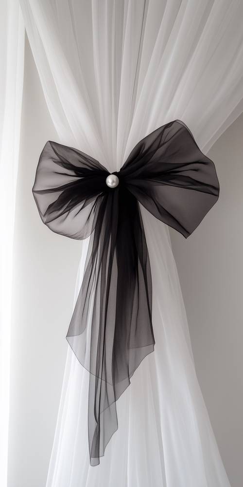Elegante lazo negro sobre cortina blanca
