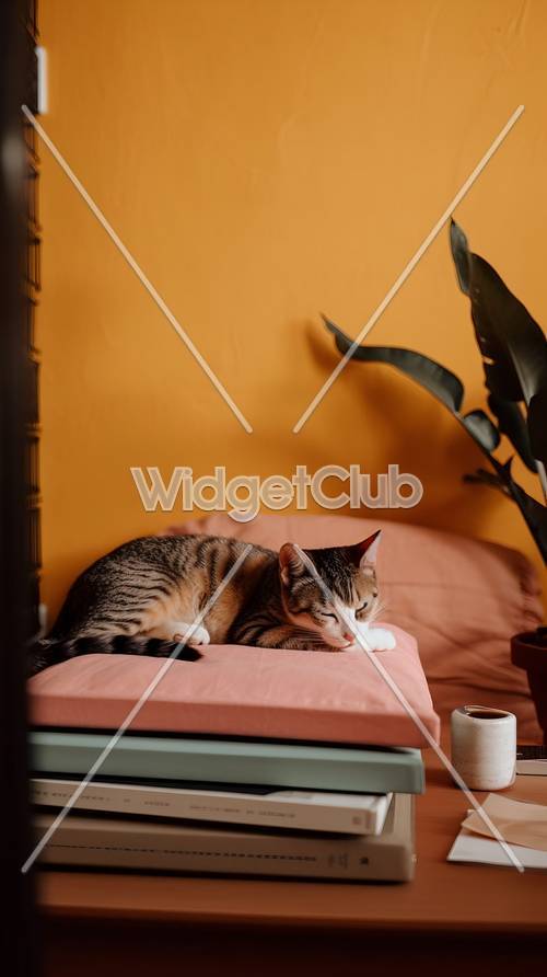 Cozy Cat Nap บนหมอนอิงสีส้ม