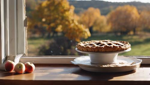 A pie cooling on a windowsill, with a fall orchard in the background