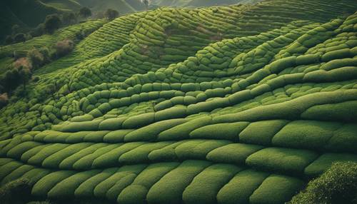 Una vista aérea de una extensa plantación de té con una vívida extensión de verde salvia