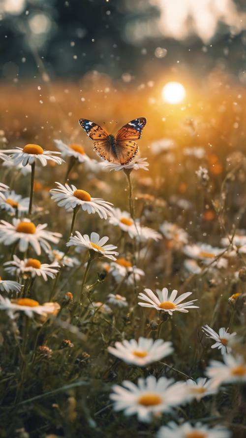 An orange sun setting over a spring meadow filled with daisies and butterflies fluttering around.