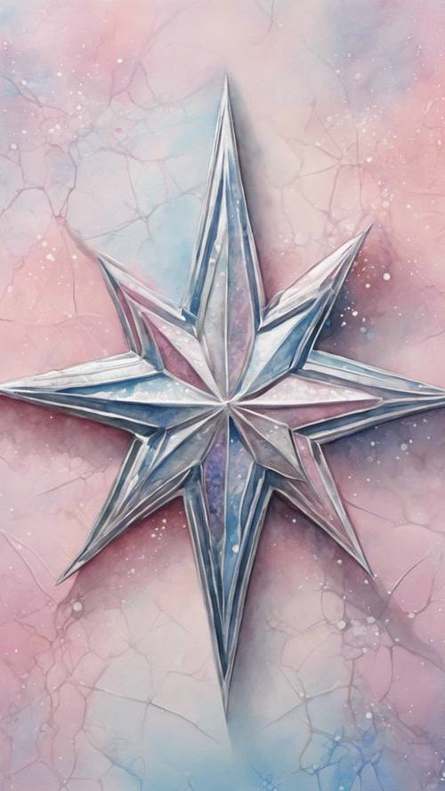 Uma pintura em aquarela de uma estrela prateada, delineada com linhas complexas, contra uma tela rosa pastel e azul.