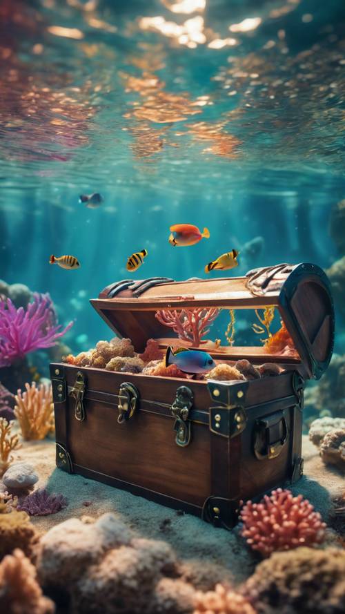 Мечтательный подводный морской пейзаж с переливающимися коралловыми рифами, разноцветными тропическими рыбами и затонувшим пиратским сундуком с сокровищами.
