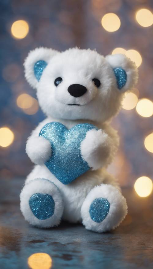 Un peluche morbido a forma di cuore bianco decorato con glitter blu.